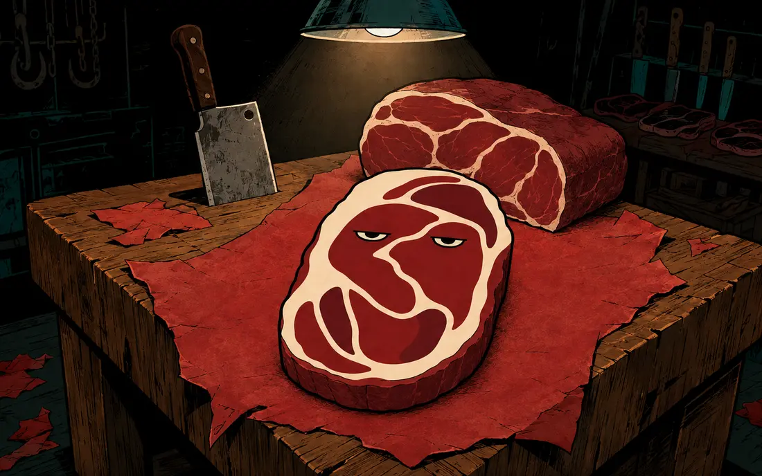 MEATMAN&trade; rests on butcher paper in front of the slab he was cut from.