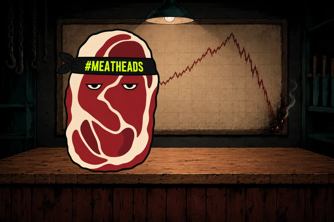 Official flat MEATMAN&trade; wears a #MEATHEADS bandana in front of one scorched market chart.