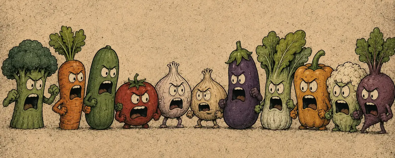 The recurring vegetable cast of the MEATMAN Meatverse.